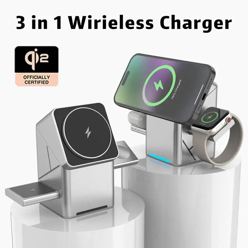 3-in-1 Magnetic Wireless Charging Station 15W 180° Touch Rotation Magic Cube Desktop Fast Charger for Smart Phone Watch Earphone